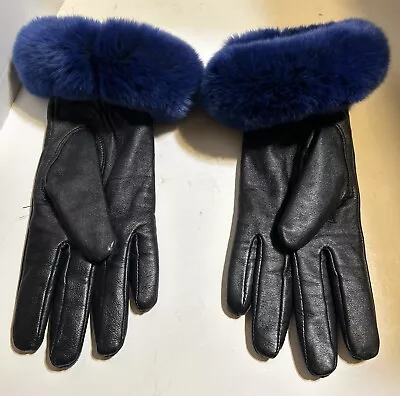 Surell  Black Leather With Blue Rabbit Fur Cuff Gloves Sz M • $100