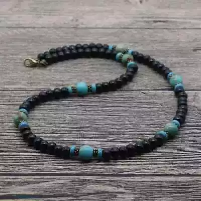 Vintage Tribal Men's Beaded Lapis Lazuli Coconut Shell Necklace Surf Jewelry • $10.55