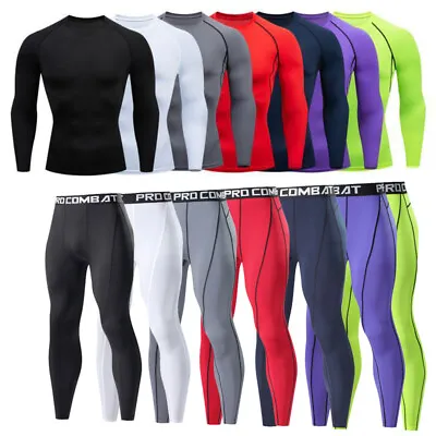 Mens Compression Tights + Top T-Shirt Base Layer Sports Gym Trousers Under Suit • $29.02