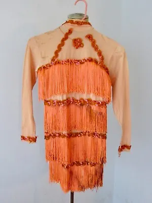 Vtg 60s Apricot Danskin Fringe Sequin Ribbon Stripe Bodysuit Majorette Dancer 16 • $35