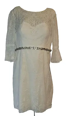 DB Studio 14 Short Illusion Lace Dress 3/4 Bell Sleeves Ivory Wedding Rhinestone • $38.95