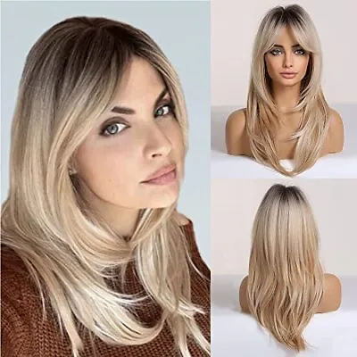 Blonde Wig For Women Long Layered Wig With Fringe Slight Curly Synthetic Wigs • £37.99