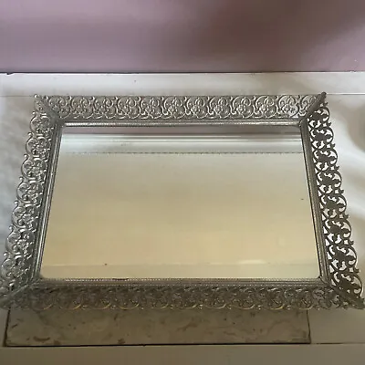 VTG. GOLD FLORAL FILIGREE GLASS MIRROR FOOTED Wall VANITY DRESSER TRAY 16  X 11  • $19.95
