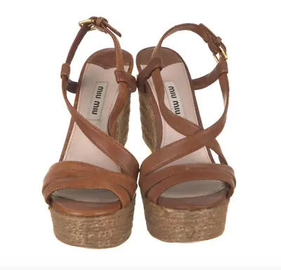 Brand New_ Miu Miu Brown Leather Gorgeous Designer Wedge Sandals_ • $88.95