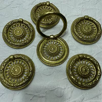 6 Vintage Gold Concealed Ring Drawer Pull Brass Door Dresser Handle Furniture • $14.98