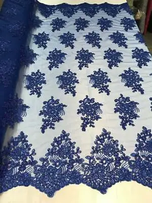 Royal Blue Lace Corded Design Embroidered With Sequins Mesh Lace Fabric By Yard • $19.99