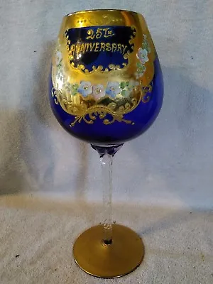 Moser Bohemian Czech Cobalt Blue Glass Goblet 13-1/2  Hand Painted Gold Gilded • $45