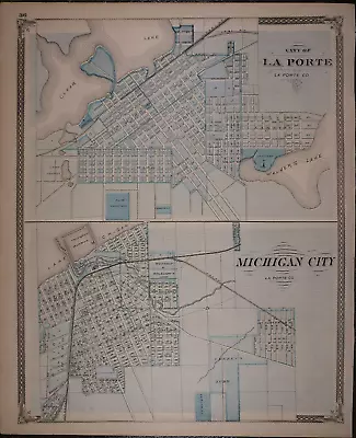 *1876 Plat Map ~ LA PORTE & MICHIGAN CITY INDIANA / VALPARAISO On Reverse • $34