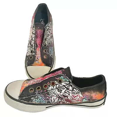 Vintage Ed Hardy Slip On Laceless Sneakers Girls Size 2 Black Red Rhinestones • $34.99