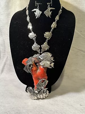 Dan Nieto Sterling Silver Necklace Red Coral Fish Native American Jewelry (NE4 • £2123.30