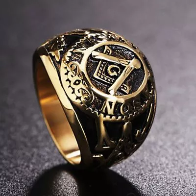 Master Masonic Signet Ring - Gold Color Titanium Stainless Steel Vintage Jewelry • $18.12