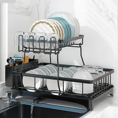 2-Tier Over Sink Dish Drying Rack Cutlery Drainer Stainless Steel Kitchen Shelf • $29.95