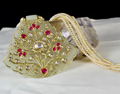 Antique Nephrite Old Jade Unheated Ruby Diamond 22k Gold Pearl Mughal Pendant • $9375