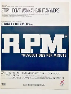 MELANIE SAFKA 1970 R.P.M. - STOP I DON'T WANNA HEAR IT ANYMORE Movie Sheet Music • $14.95