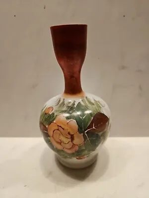 Antique Hand Painted Victorian Bristol Ware Brown Peach Floral Vase • $19.25