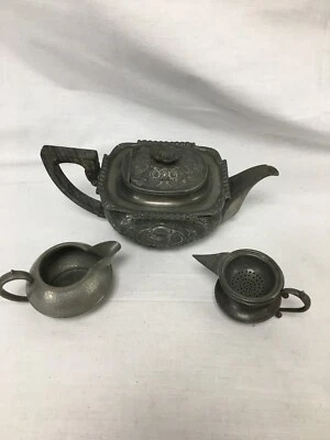 £15 • Buy Vintage Pewter Tea Pot With Tea Strainer And Milk Jug ( Some Damage To Tea Pot )