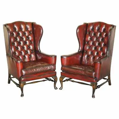 Pair Of William Morris Flat Arm Chesterfield Wingback Bordeaux Leather Armchairs • $7398.90