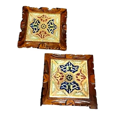 Vintage Mexican Tile 6  Trivet Pair Of Carved Wood Framed Footed Ideal Standard  • $32.99