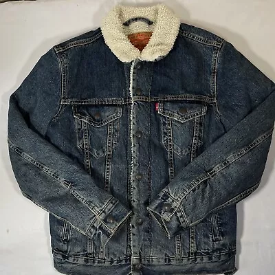 Levis Jacket Men Small Blue Denim Trucker Fleece Sherpa Lined Jean Button Front • $38.24