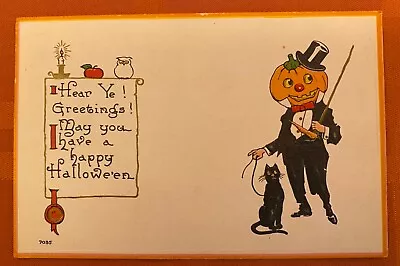 Vintage Halloween Postcard Jack O’lantern Man Black Cat Bergen Publ. Embossed • $14.99
