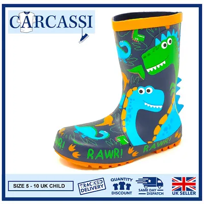 £15.99 • Buy Boys Dinosaur Wellies Kids Childrens Blue Green Rain Wellington Boots Size 5-10