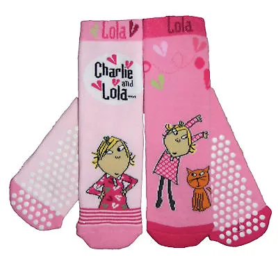 CHARLIE & LOLA SLIPPER SOCKS WITH GRIPS Two Pack  Girls SHOE SIZE 3-5 6-8 9-12 • £2.80