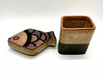 Vintage UCTCI Japan Glazed Pottery Trinket Box Spice Box With Fish Shaped Lid • $14.99