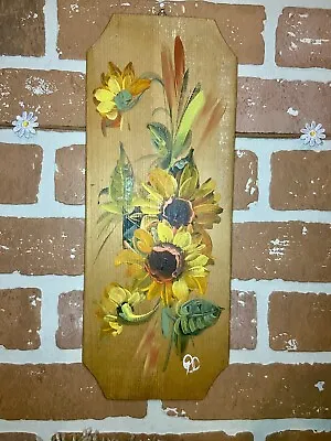 Vintage Wood Plaque Hand Painted Sign Retro Kitchen Flowers Handmade Yellow 70s • $10