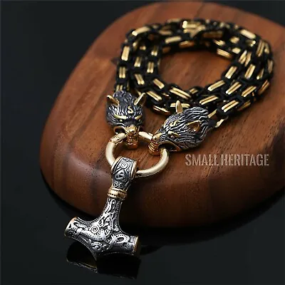 Men Viking Stainless Steel Wolf Necklace Thor Hammer Mjolnir Pendant Gold Black • $18.25