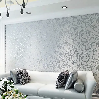3D Home Decor Metallic Textured Damask Embossed Wallpaper Soft Silver Glitter UK • £8.95