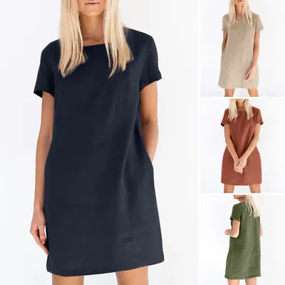$22.98 • Buy ZANZEA Womens Short Sleeve Plain Sundress Summer Knee Length Beach Maxi Dress AU