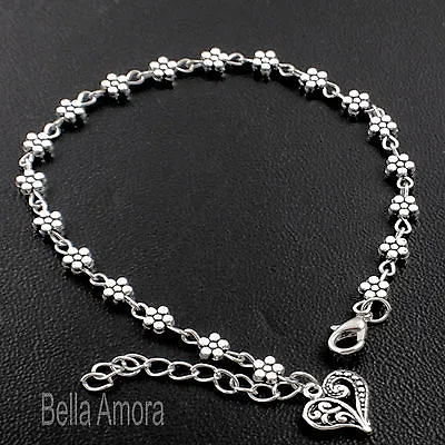 Pretty Antique 925 Silver Pltd Daisy Heart Charm Anklet Ankle Chain Bracelet • £4.99