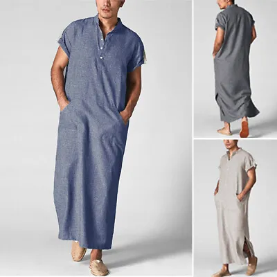 $26.11 • Buy Mens Muslim Clothing Short Sleeve Kaftan Thobe Jubba Abaya Dress Indian T Shirts