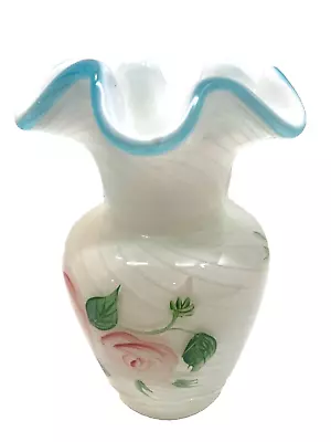 Art Glass Hand Painted White Milk Glass Floral Swirl Vase Blue Ruffled Rim • $19.50