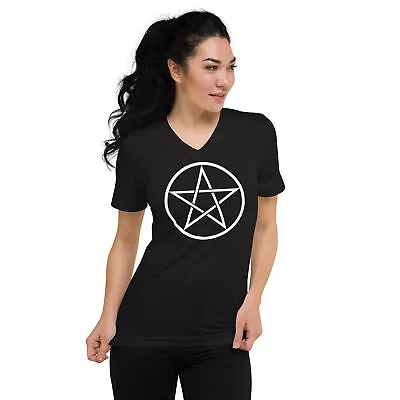 White Goth Wiccan Woven Pentagram Unisex Short Sleeve V-Neck T-Shirt • $27.67