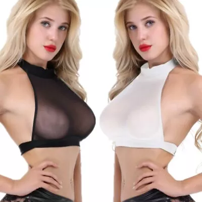 Sexy Women Halter Neck Mesh See-Through Bra Vest Tank Blouses Crop Tops Clubwear • £4.80