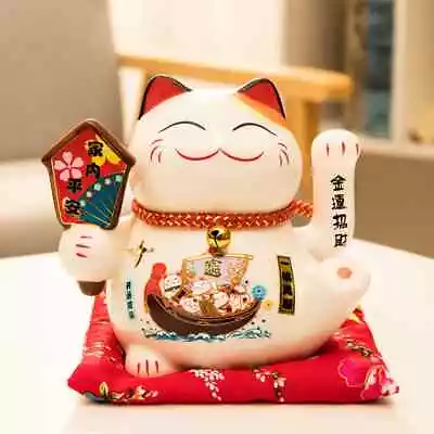  Fortune Cat With Waving Arm Ceramic ManekI Neko Feng Shui Ornament Lucky  • $45.49