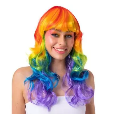 Wicked Costumes Rainbow Long Curly Wig Adult Fancy Dress • £11.49