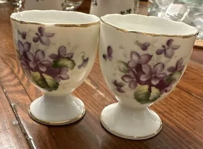 Vintage Egg Cups Violets W/ Gold Trim Set Of Two • $18