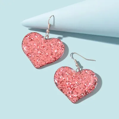 $3.99 • Buy Girls Sweet Valentine's Day Gift Jewellery Pink Resin Heart Love Dangle Earrings