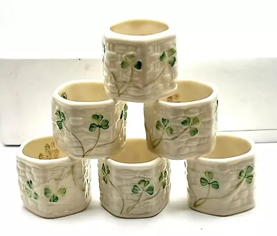 Vintage Ireland BELLEEK Basketweave SHAMROCK Hallmark Napkin Ring Holders Set 6 • $9.99