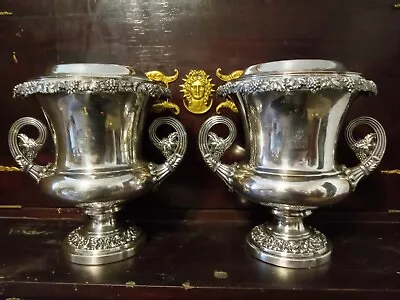 Pair Of  Antique Sheffield Plate Wine Coolers/ Bucket With Grape Oak Pattern  • $900