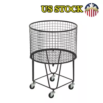 Black Metal Deep Set Metal Mesh Laundry Basket Storage Cart W/ Wheels Organizer • $71.38