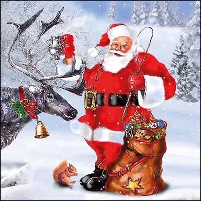 £1.35 • Buy 4 X Single Paper Napkins/3-Ply/33cm/Decoupage/Christmas/Santa And Reindeer