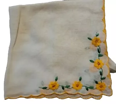 Vintage Ladies' Hankie Embroidered White Yellow Floral Linen 10  Square • $3