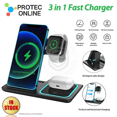 $39.95 • Buy 15W 3 In1 Wireless Charger Stand QI Fast Charging Dock For Airpods IPhone IWatch