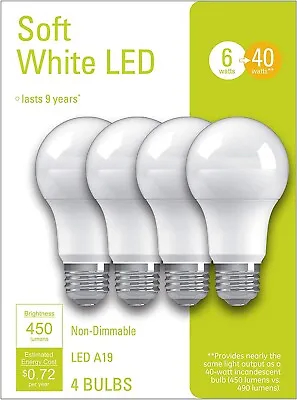 Light Bulb Soft White A19 LED 6W (40W Replace) Medium Base Soft White - 4 Pack • $10.99