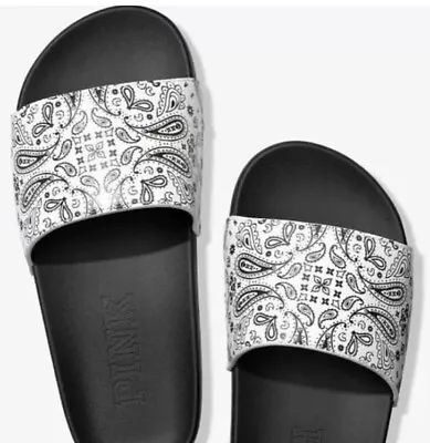 PINK VICTORIAS SECRET Black & White Paisley Single Strap Slides Size Large (9) • $20