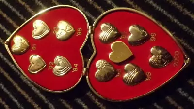 Variety Club 1991 - 2000 Gold Heart Brooches Set Of 10 In Gold Heart Tin Box • £29.99
