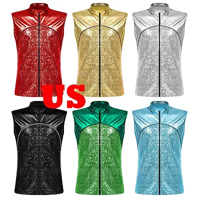 Mens Sequins Metallic Patchwork Vest Glittery Sleeveless Zipper Jacket Carnival  • $19.99